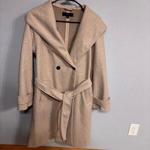 Zara Oatmeal Double Breast Botton Belted Hooded Coat Sz M EUC